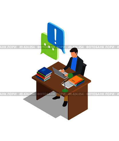 Male character sits at wooden table with books and lamp, and talks in chat isolated cartoon vector illustration on white background.. Character Communicates by Laptop at Work Place. Стоковая иллюстрация, агентство Ingram Publishing / Фотобанк Лори