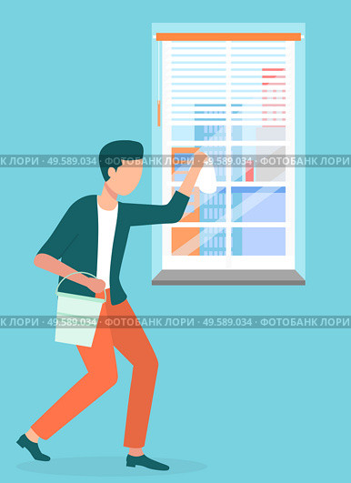 Male character with bucket and white wet rag washing windows on blue background . Cleaning service worker, city street, house. Flat design vector illustration. Man with Bucket and Rag Washing Windows Vector. Стоковая иллюстрация, агентство Ingram Publishing / Фотобанк Лори