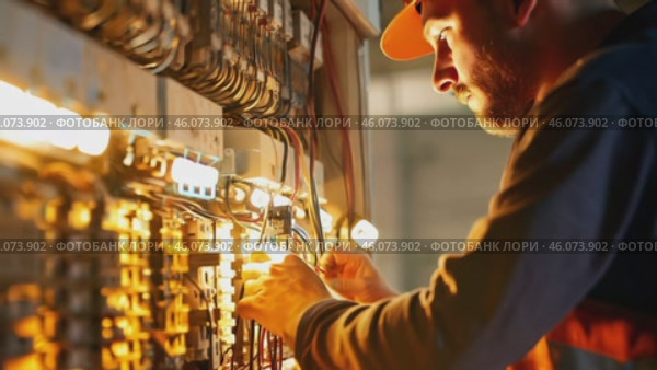 Male electrician working in switchboard with electrical connecting cable. Work in repair shops and maintenance services. Stress, nerves. Стоковое видео, видеограф ALLA YURTAYEVA / Фотобанк Лори