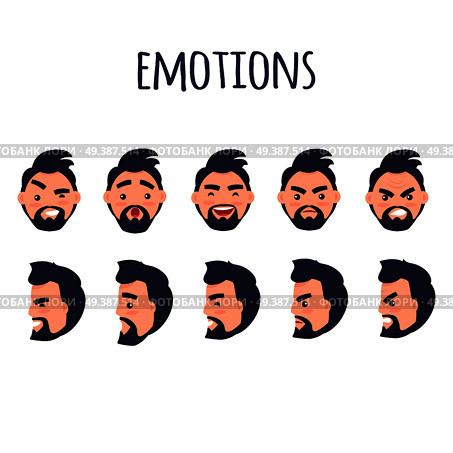 Male facial emotions vector collection on white. Bearded man character with black hair and with happy, angry, surprised, joyful or irritated expressions on face in various positions colorful poster. Male Facial Emotions Vector Collection on White. Стоковая иллюстрация, агентство Ingram Publishing / Фотобанк Лори