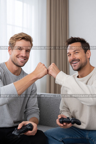 Male friends sitting on couch, gripping game controllers, bumping fists after winning competitive multiplayer gaming session. Стоковое AI-изображение, AI-художник Юрий Поздников / Фотобанк Лори