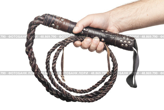 male hand holding brown leather whip isolated on white background. Стоковое фото, агентство Ingram Publishing / Фотобанк Лори