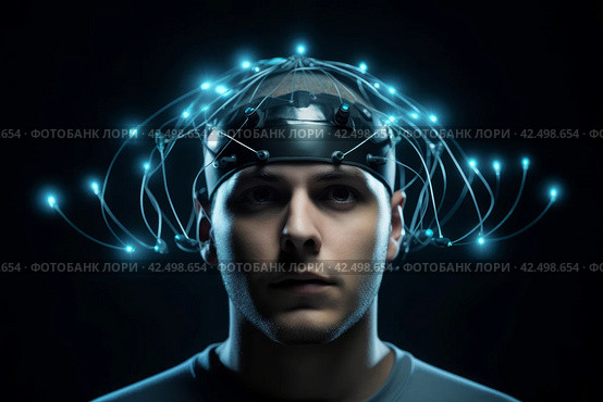 Male head with brain electrodes. Generate ai. Стоковое AI-изображение, AI-художник Иван Рябоконь / Фотобанк Лори