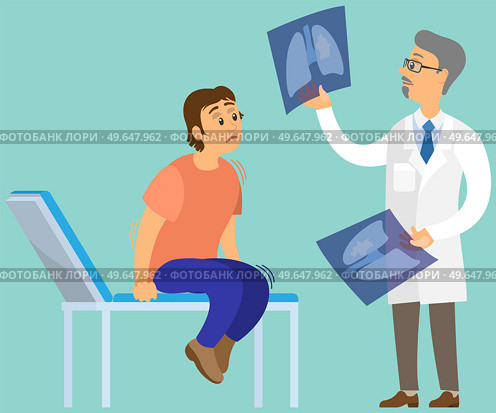 Male physician or radiologist demonstrating X-ray of rib cage to scared patient and informing about diagnosis. Man is afraid of doctors. Guy suffering from fear of treatment and medical care. Guy suffers from fear of doctors and medical care, Radiologist demonstrates X-ray to scared patient. Стоковая иллюстрация, агентство Ingram Publishing / Фотобанк Лори