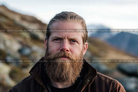 Male portrait in scenic terrain of mountains, forests in the winter. Bearded mature stylish hipster man. Active traveler hiker enjoying his retirement in the nature. Hiking in nature for wellness. Стоковое AI-изображение, AI-художник Марина Демидюк / Фотобанк Лори