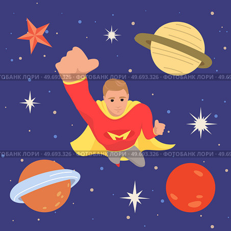 Male superhero at galaxy flying in outer space. Man in cosmic area near planet, stars and spaceship. Concept of facing with new and unknown. Flying person exploring space and discovering mysteries. Male superhero at galaxy flying in outer space. Man in cosmic space near planet and spaceship. Стоковая иллюстрация, агентство Ingram Publishing / Фотобанк Лори