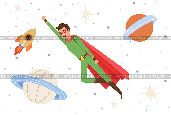 Male superhero at galaxy flying in outer space. Man in cosmic area near planet, stars and spaceship. Concept of facing with new and unknown. Flying person exploring space and discovering mysteries. Male superhero at galaxy flying in outer space. Man in cosmic space near planet and spaceship. Стоковая иллюстрация, агентство Ingram Publishing / Фотобанк Лори