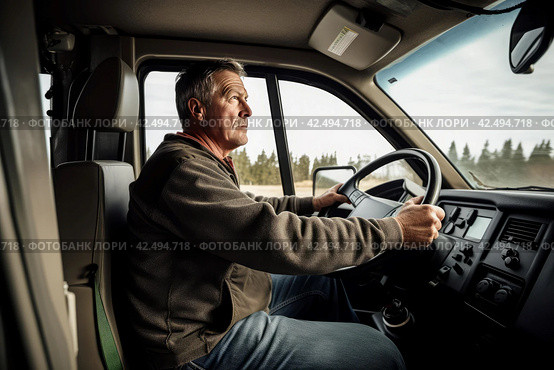Male truck driver working vehicle cabin. Generate Ai. Стоковое AI-изображение, AI-художник Иван Рябоконь / Фотобанк Лори