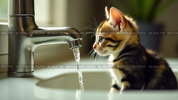 Маленький котенок залез в раковину и смотрит как льется вода из крана. Серия любопытный котенок. Стоковое AI-изображение, AI-художник Юлия Можина / Фотобанк Лори