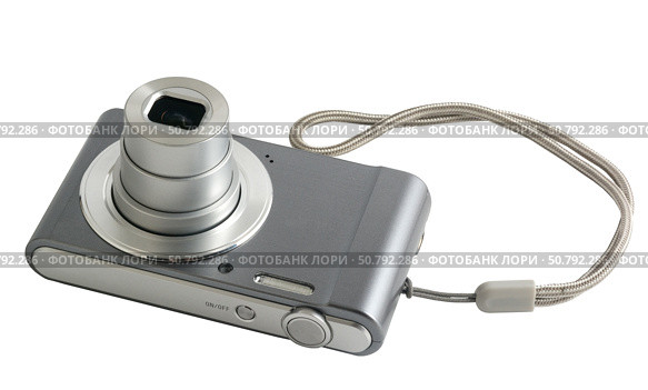 Маленький цифровой фотоаппарат на белом фоне. Digital camera isolated on white background. Стоковое фото, фотограф Татьяна Д / Фотобанк Лори