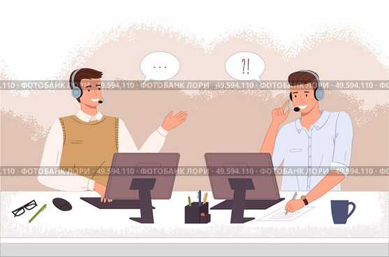 Males operators call center or hotline. Men in headphones sit at a computer and help customers online. Hotline support service. Customer helpdesk assistances. Customer service banners with support. Men operators call center ot hotline at computer chat with client online. Customer service. Стоковая иллюстрация, агентство Ingram Publishing / Фотобанк Лори