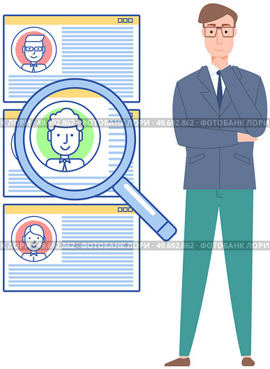 Man analysing user profiles in social network or messenger. Male character working with list of virtual accounts. App for chatting or recruitment design element. Guy searching for candidates. Man analysing user profiles in social network or messenger. Guy searching for candidates vector icon. Стоковая иллюстрация, агентство Ingram Publishing / Фотобанк Лори
