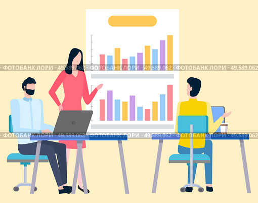 Man and woman brokers analyzing trades and discussing statistics of sales on business chart. Vector cartoon people and graphs and diagrams on board. Man and Woman Brokers Analyzing Trades on Chart. Стоковая иллюстрация, агентство Ingram Publishing / Фотобанк Лори