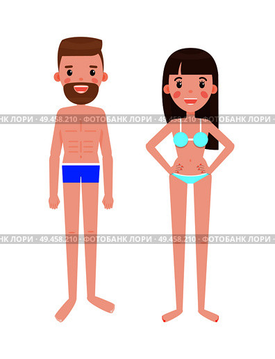 Man and woman in swimsuits or underwear. Male, female cartoon characters. Guy wears underpants, bra with bikini on girl isolated vector illustration.. Man and Woman in Swimsuits, Male Female in Cartoon. Стоковая иллюстрация, агентство Ingram Publishing / Фотобанк Лори