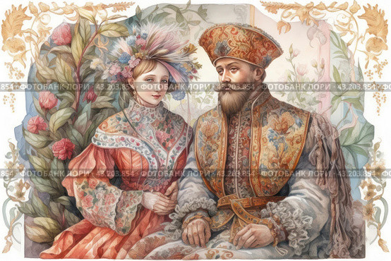 Man and woman in traditional Russian costumes. The man wears a richly decorated caftan and a tall cap decorated with complex patterns. His thick beard and serious look emphasize his status. The woman is dressed in an elegant dress with a floral pattern and a beautiful headdress decorated with flowers and feathers. Her face expresses calm and dignity. Стоковое AI-изображение, AI-художник Анна Кривицкая / Фотобанк Лори