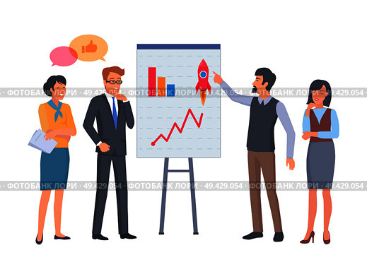 Man and woman on business coaching with diagram on placard vector illustration. Male point on poster with charts. Successful startup project. Man and Woman on Coaching with Diagram on Placard. Стоковая иллюстрация, агентство Ingram Publishing / Фотобанк Лори