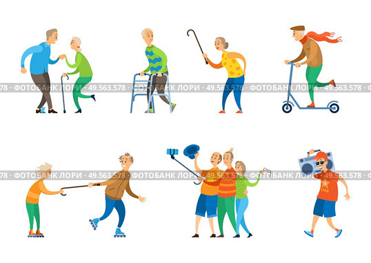 Man and woman pensioners vector, old people dancing at disco lady chasing man with wooden stick, person riding scooter, aged character taking selfie, funny grandmother and grandfather. People Dancing, Senior People Relaxing Music Box. Стоковая иллюстрация, агентство Ingram Publishing / Фотобанк Лори