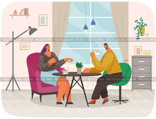 Man and woman sitting at table with coffee in restaurant on date. Married couple drink tea in kitchen at home, sitting at cozy table with bouquet in vase. Peasant family tea party in evening. Man and woman sitting at table with coffee in restaurant on date. Married couple drink tea at home. Стоковая иллюстрация, агентство Ingram Publishing / Фотобанк Лори