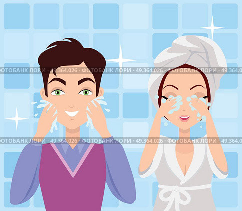 Man and Woman Washing their Faces. Cleaning. Man and woman washing their faces. Cleaning in the morning. Making washing procedure in front of the mirror. People take care about their look. Part of series of ladies and gentlemen face care. Vector. Стоковая иллюстрация, агентство Ingram Publishing / Фотобанк Лори