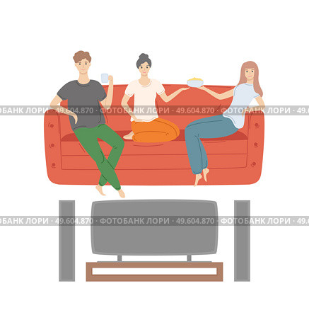 Man and woman watching movie at home vector, couple and friend eating popcorn snack from bowl, male drinking tea from cup, people at weekends flat style. Friends at Weekend Evening Watching Movies at Home. Стоковая иллюстрация, агентство Ingram Publishing / Фотобанк Лори