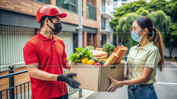 Man and Woman Wearing Masks Holding Box of Food. Generative AI. Стоковое AI-изображение, AI-художник Roman Zavorotny / Фотобанк Лори