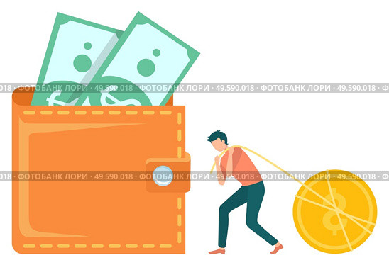 Man character pulling rope with coin, scene of earning money, cash with dollars. Worker with currency, investment or profit element, capital sign vector. Worker and Currency, Dollars in Cash, Earn Vector. Стоковое фото, агентство Ingram Publishing / Фотобанк Лори