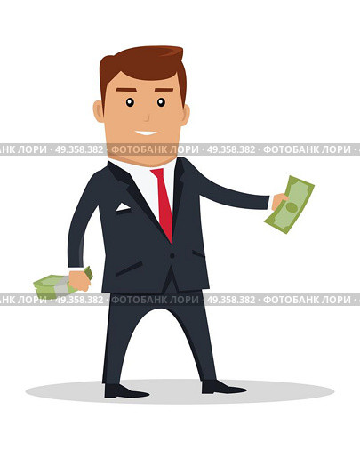 Man Character With Money Vector Illustration. Male character with bundle of money vector. Flat style design. Smiling man in business suit standing and holding dollar banknotes. Investment, wages, income, credit, savings, charity concept. Стоковая иллюстрация, агентство Ingram Publishing / Фотобанк Лори