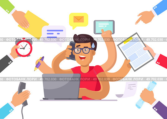 Man doing simultaneously many tasks. Male employee trying to deal with deadlines. Overworking, overload at work concept. Person with many hands coping with multitasking, time management, planning. Man doing simultaneously many tasks. Male employee with many hands trying to deal with deadlines. Стоковая иллюстрация, агентство Ingram Publishing / Фотобанк Лори