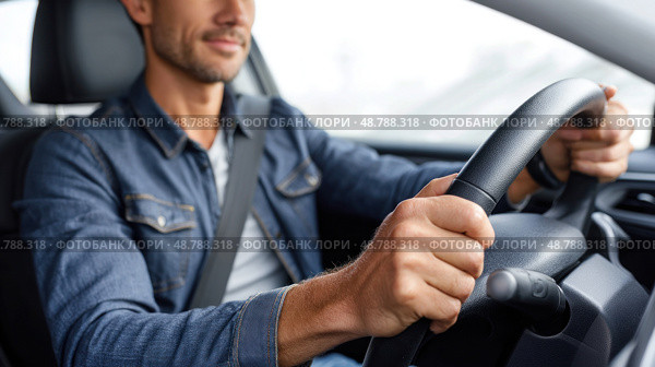 Man driving a car safely wearing seatbelt. Стоковое AI-изображение, AI-художник Юрий Поздников / Фотобанк Лори