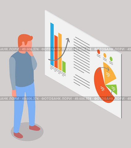 Man estimates demand indicators on presentation board with charts and graphs, marketing concept. Businessman seller watching sales statistics. The buyer analyzes the price of the goods on graph. Man estimates demand indicators on presentation board with charts and graphs, marketing concept. Стоковая иллюстрация, агентство Ingram Publishing / Фотобанк Лори