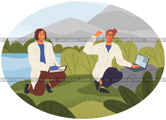 Man exploring nature, analyzing river water. Researcher takes samples of biomaterial. Environmental and ecology research. Scientist conducts ecological experiment. Explorers work with water in lake. Man exploring nature, analyzing river water. Researcher takes samples of biomaterial for research. Стоковая иллюстрация, агентство Ingram Publishing / Фотобанк Лори