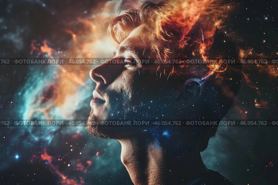 Man exploring universe inside mind, double exposure portrait with galaxy and stars. Стоковое AI-изображение, AI-художник Иван Рябоконь / Фотобанк Лори