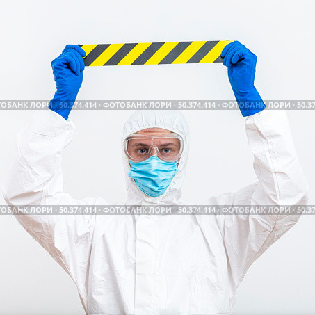 man hazmat suit with tape. Стоковое фото, агентство Ingram Publishing / Фотобанк Лори