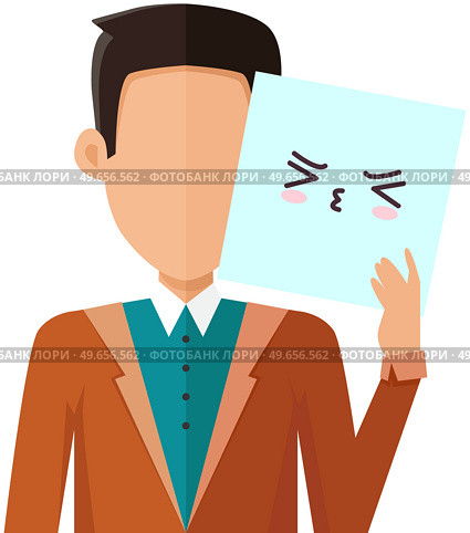 Man holding picture of cute kawaii face emoji. Manga style eyes and mouths. Funny japanese facial expression. Eastern kawaii anime culture elements. Male character shows strange, weird emotion. Man holding picture of cute kawaii face emoji. Male character shows strange, weird emotion. Стоковая иллюстрация, агентство Ingram Publishing / Фотобанк Лори