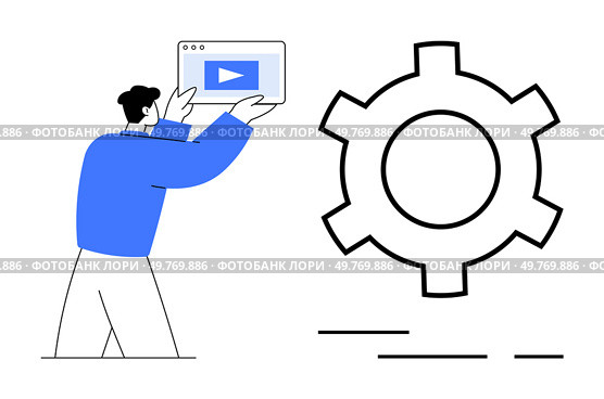 Man holding video player with play button next to gear symbol. Themes include online tutorials, media configuration, technology education, user support, and digital learning. Modern flat style. Man Holding Video Player Next to Gear Symbol Representing Media Configuration. Стоковая иллюстрация, агентство Ingram Publishing / Фотобанк Лори