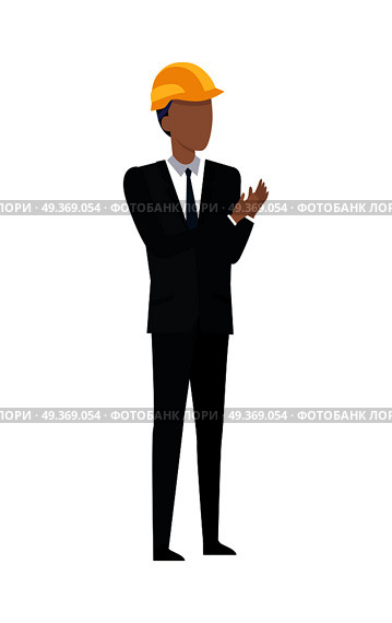 Man in Black Suit and Yellow Helmet Clapping Hands. Successful architect standing and clapping hands. Man in black suit and yellow helmet. Building manager. Investor in expensive cloth and classical shirt. Cartoon style in flat design. Vector. Стоковая иллюстрация, агентство Ingram Publishing / Фотобанк Лори