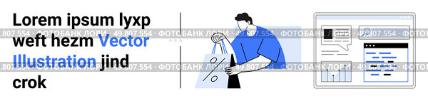 Man in blue shirt interacting with laptop, digital dashboard with graphs, charts, search bar. Ideal for business, technology, analytics, data visualization, teamwork productivity digital marketing. Man Working on Laptop Next to Digital Data Analytics Dashboard in Blue and White Theme. Стоковая иллюстрация, агентство Ingram Publishing / Фотобанк Лори