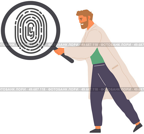 Man looking at black and white finger print with search loupe. Scientist examines evidence of crime. Male near fingerprint of suspect under magnifying glass. Analytics and research for consequence. Man looking at inger print with search loupe. Scientist with magnifying glass examines evidence. Стоковая иллюстрация, агентство Ingram Publishing / Фотобанк Лори