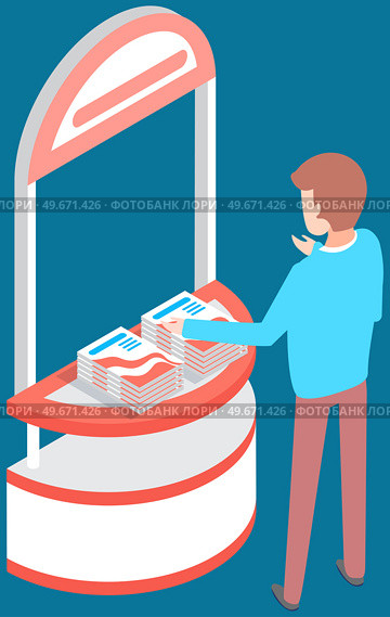Man looks at presentation stand with product catalogs. Advertising company, promotion, distribution concept. Male character chooses magazines with advertisement. Guy near announcements, books on rack. Man looks at presentation stand with product catalogs. Advertising, promotion, distribution concept. Стоковая иллюстрация, агентство Ingram Publishing / Фотобанк Лори