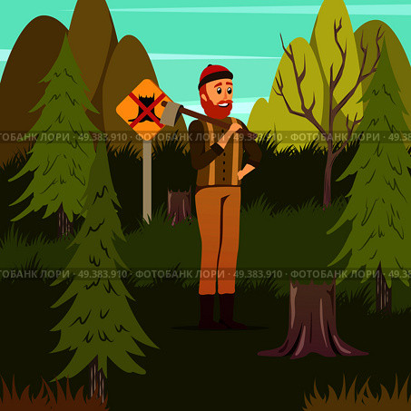 Man-made disastrous deforestation environmental hazard orthogonal forestry background poster with woodcutter among tree stumps vector illustration . Man-made Disasters Orthogonal Background. Стоковая иллюстрация, агентство Ingram Publishing / Фотобанк Лори