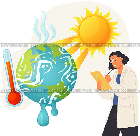 Man makes analysis of ecology, environment of planet. Scientific study of problems of rising temperatures. Global warming, climate change concept. Scientist studies ozone layer depletion, makes notes. Man makes analysis of ecology, environment. Scientific study of problems of rising temperatures. Стоковая иллюстрация, агентство Ingram Publishing / Фотобанк Лори