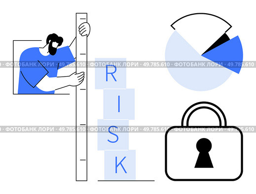 Man measuring stack of blocks labeled RISK, pie chart displaying sections, and lock for security. Ideal for risk management, business strategy, data analysis, finance, security, consultancy. Man Measuring Risk with Ruler and Stacked Blocks, Pie Chart, and Lock Symbolizing Security. Стоковая иллюстрация, агентство Ingram Publishing / Фотобанк Лори