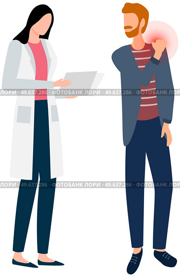 Man on diagnosis of disease. Person complains to doctor about painful sensations in arm joint. Patient with pain in consultation with doctor. Medical specialist consults guy with sore shoulder. Medical specialist consults guy with sore shoulder. Person complains to doctor about arm joint. Стоковая иллюстрация, агентство Ingram Publishing / Фотобанк Лори