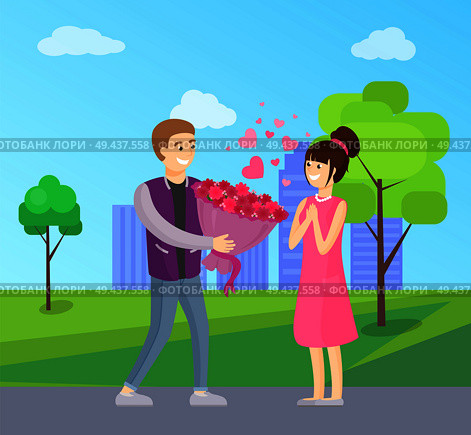Man presenting luxury bouquet of flowers to woman, vector illustration of dating couple in love vector isolated on background of skyscrapers in park. Man Presenting Luxury Bouquet of Flowers to Woman. Стоковая иллюстрация, агентство Ingram Publishing / Фотобанк Лори