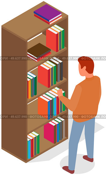 Man pulls out book from shelf. Person works with textbooks. Male student takes book in closet. Cartoon character going to read and taking textbook. Guy near bookcase isolated on white background. Male student takes book in closet. Cartoon character going to read and taking textbook from bookcase. Стоковая иллюстрация, агентство Ingram Publishing / Фотобанк Лори