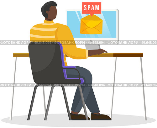 Man sends spam emails. Warning window appear on laptop screen. Concept of virus, piracy, hacking and security. E-mail protection, anti-malware software. Mailing of advertising correspondence. Man sends spam emails. Concept of virus, piracy, hacking and security. Envelope with spam. Стоковая иллюстрация, агентство Ingram Publishing / Фотобанк Лори