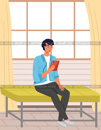 Man sitting on bench and uses tablet pc. Internet surfing or reading an article. Businessman chatting online at home. Social media, blogging. Male character talking via video call, recording podcast. Man sitting on bench and uses tablet pc. Male character talking via video call, recording podcast. Стоковая иллюстрация, агентство Ingram Publishing / Фотобанк Лори