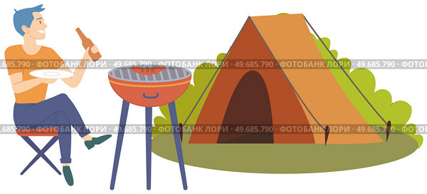 Man sitting on chair with bottle of beer. Guy resting, spending time alone and drinking alcohol. Lonely male character with alcohol addiction, alcoholism. Person drinking beer vector illustration. Man sitting on chair with bottle of beer. Guy resting, spending time alone and drinking alcohol. Стоковая иллюстрация, агентство Ingram Publishing / Фотобанк Лори