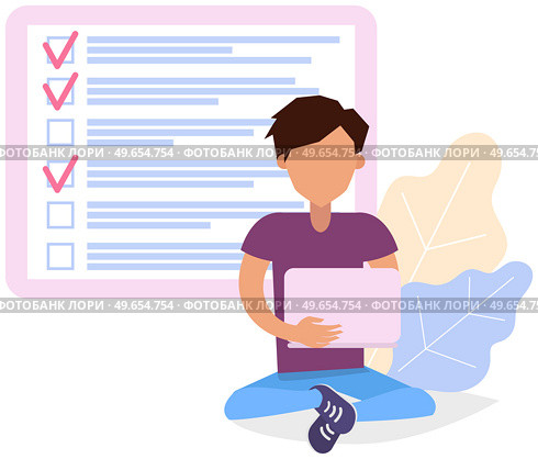 Man sitting with laptop near big paper clipboard with check marks, to do list. Successful time management, schedule planning. Male character with checklist, task planner program on computer. Male character with checklist, task planner program on computer. Man sits with laptop near clipboard. Стоковая иллюстрация, агентство Ingram Publishing / Фотобанк Лори