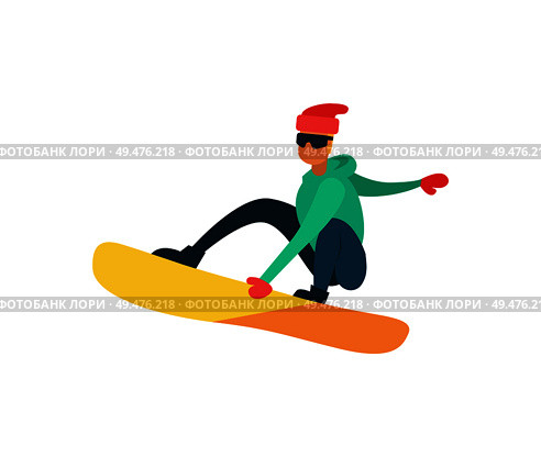 Man snowboarding winter sport activity isolated on white. Vector illustration of snowboarder, extreme skiing male jumping on board at high speed. Man Snowboarding Winter Sport Activity Isolated. Стоковая иллюстрация, агентство Ingram Publishing / Фотобанк Лори